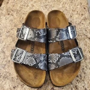 Birkenstock Black and Silver Snake Print Sandals